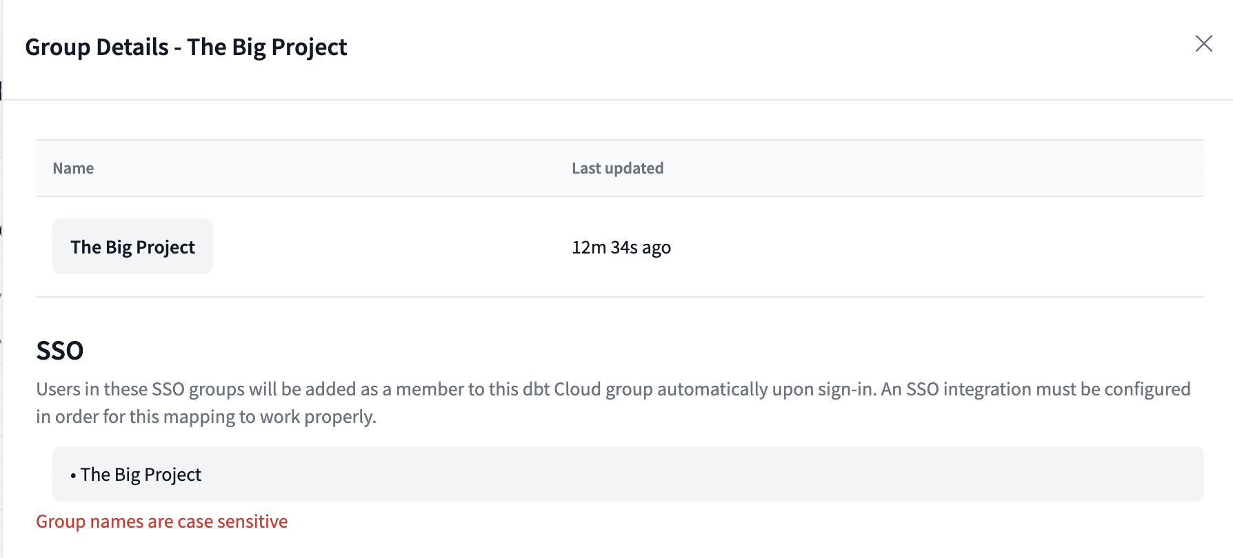 The Group details SSO section with a group configured. The Group details SSO section with a group configured.