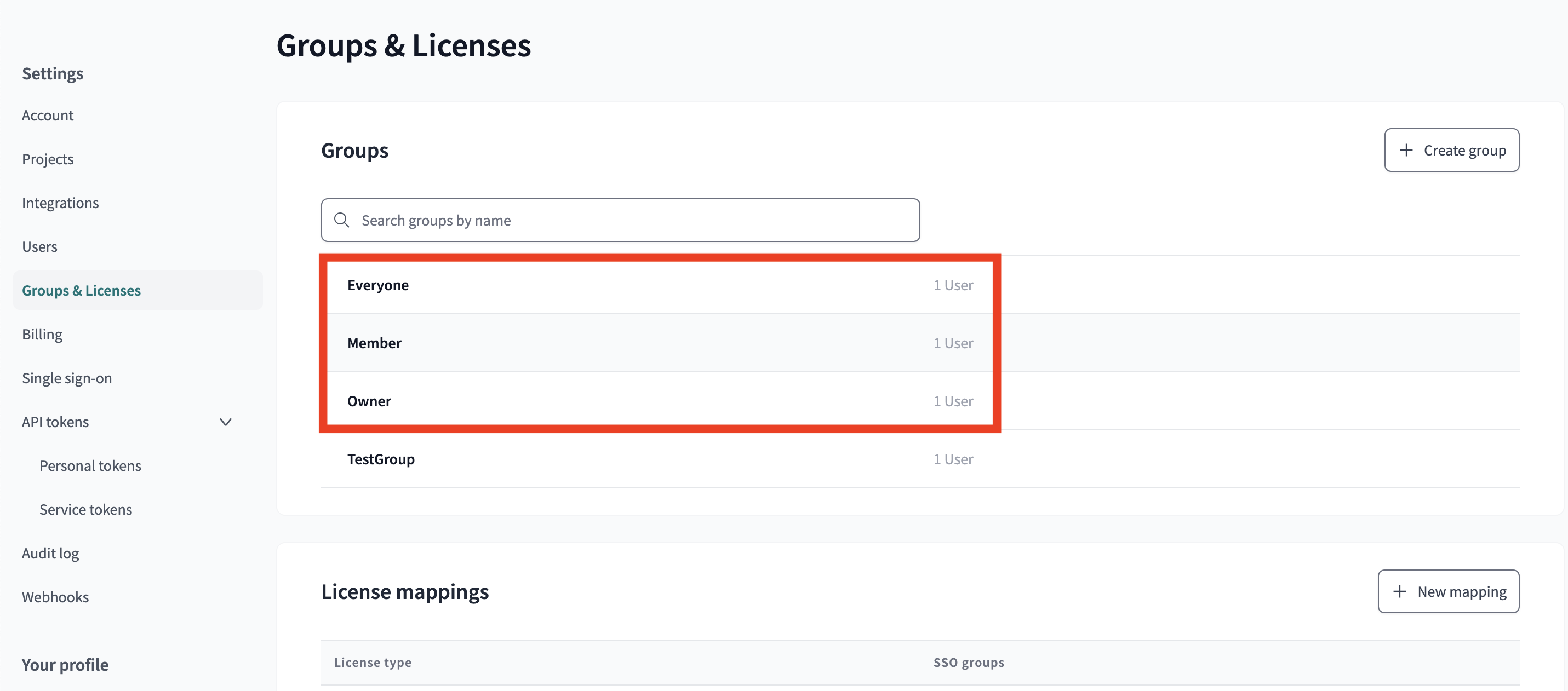 Groups & Licenses page in dbt Cloud with the default groups highlighted. Groups & Licenses page in dbt Cloud with the default groups highlighted.